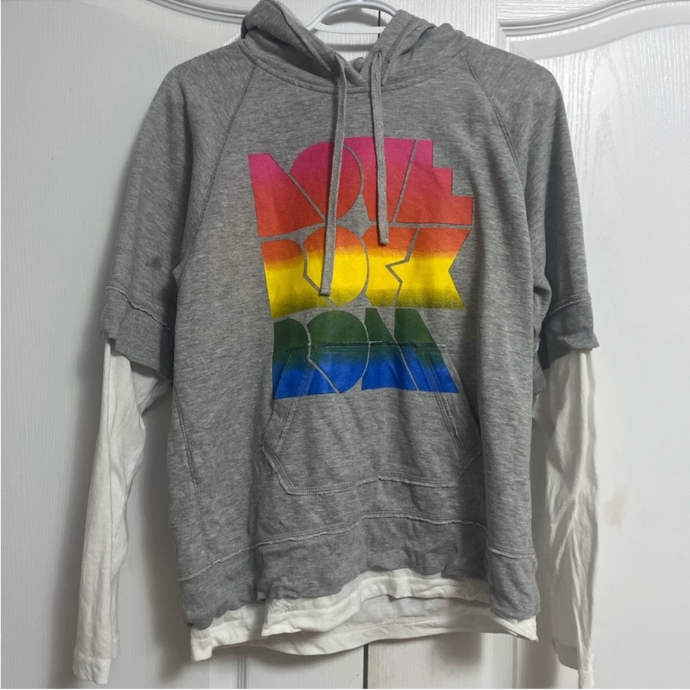 Gray Hoodie with Rainbow “Love Rock Roll” Graphic